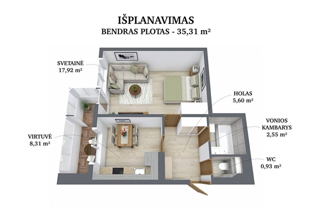 Parduodamas butas Gelvonų g., Šeškinėje, Vilnius, 35.31 kv.m ploto, 1 kambariai