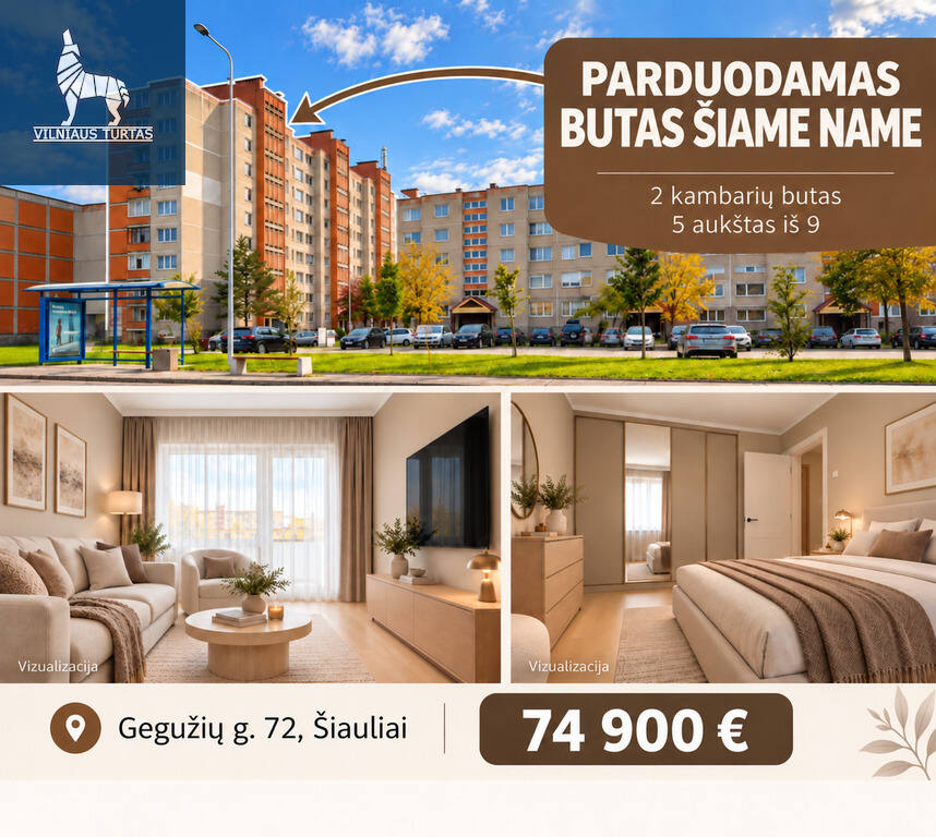 PATOGIOJE VIETOJE PARDUODAMAS 2 KAMBARIŲ BUTAS GEGUŽIŲ G. 72, ŠIAULIUOSE