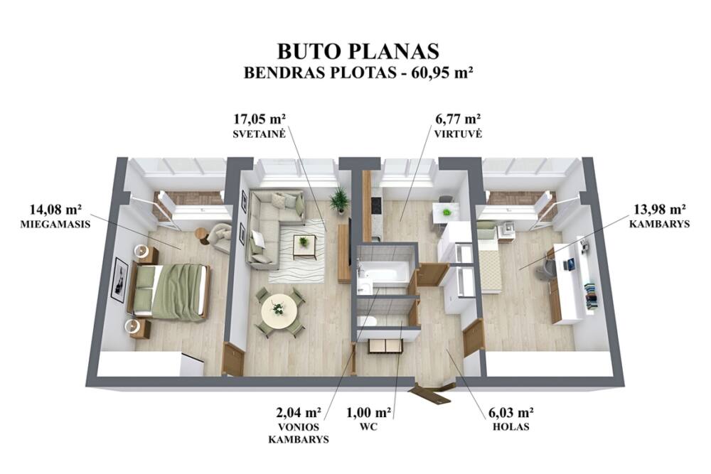 Parduodamas butas Architektų g., Lazdynuose, Vilnius, 60.95 kv.m ploto, 3 kambariai