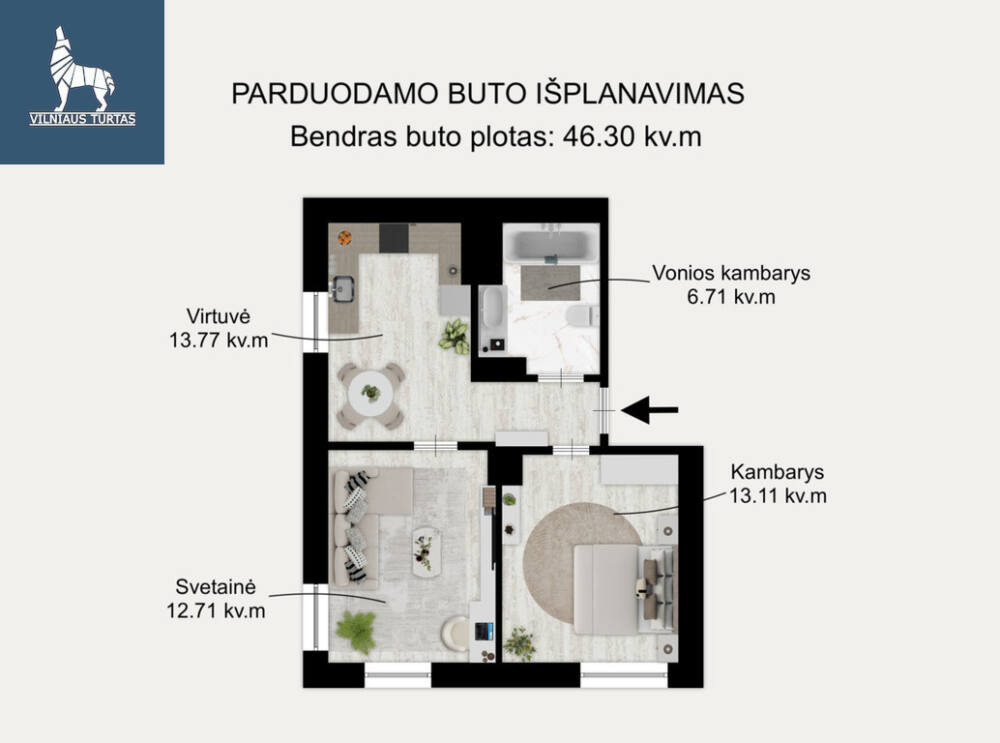 Parduodamas butas Prūsų g., Naujininkuose, Vilnius, 46.3 kv.m ploto, 2 kambariai