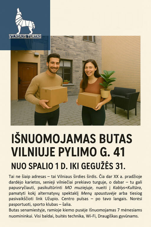 Nuomojamas butas Senamiestyje, Vilnius, 64 kv.m ploto, 2 kambariai