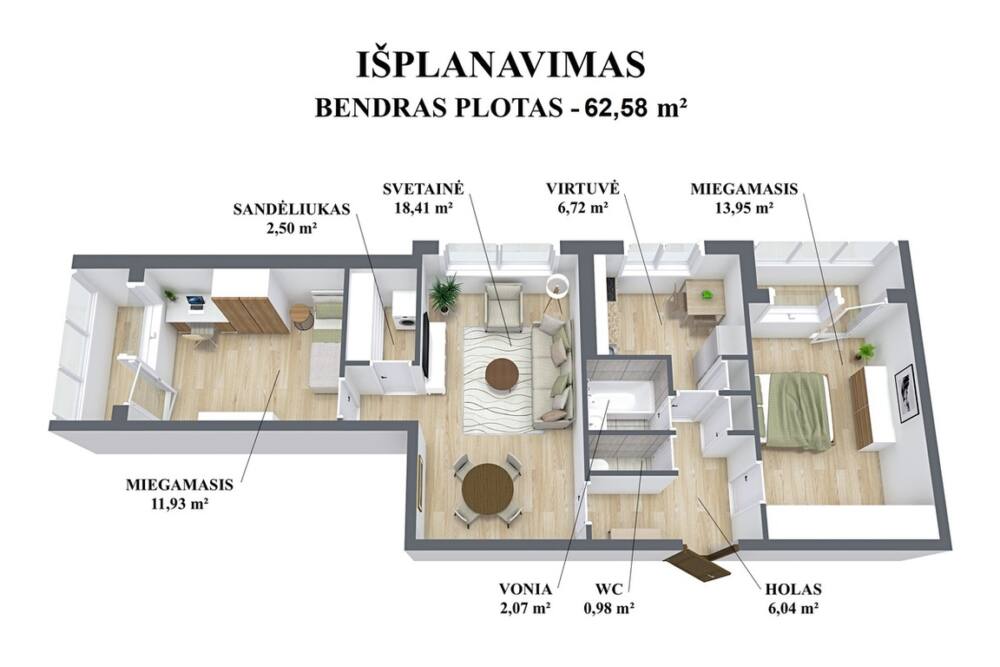 Parduodamas butas Šnipiškėse, Vilnius, 62.58 kv.m ploto, 3 kambariai